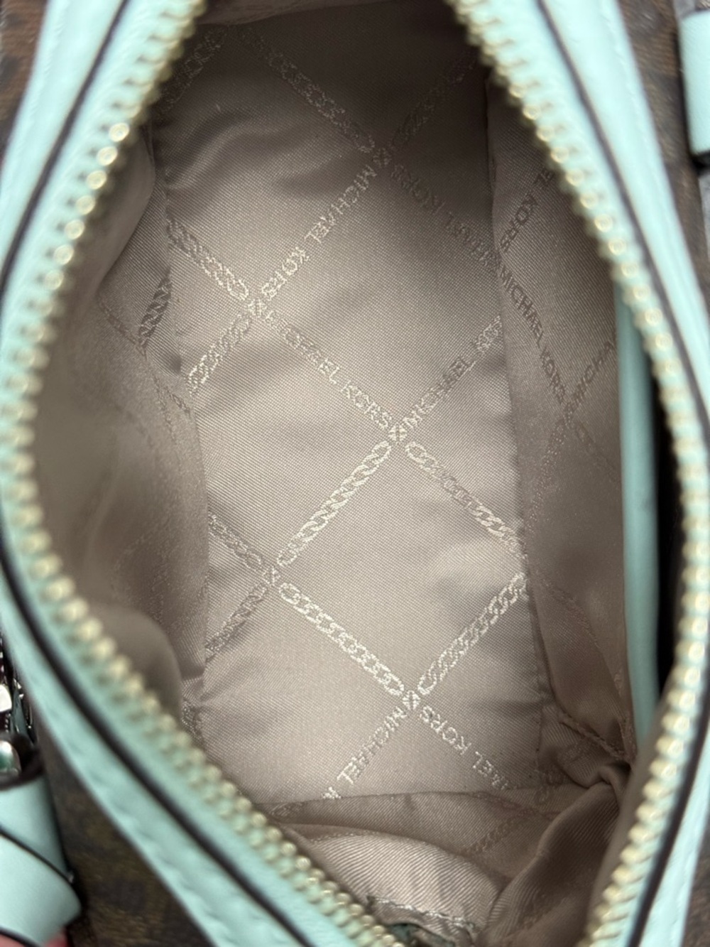 NWT Michael Kors Bedford Legacy XS Logo Duffle Crossbody Bag Brown/Aqua Blue 178 - Picture 14 of 16